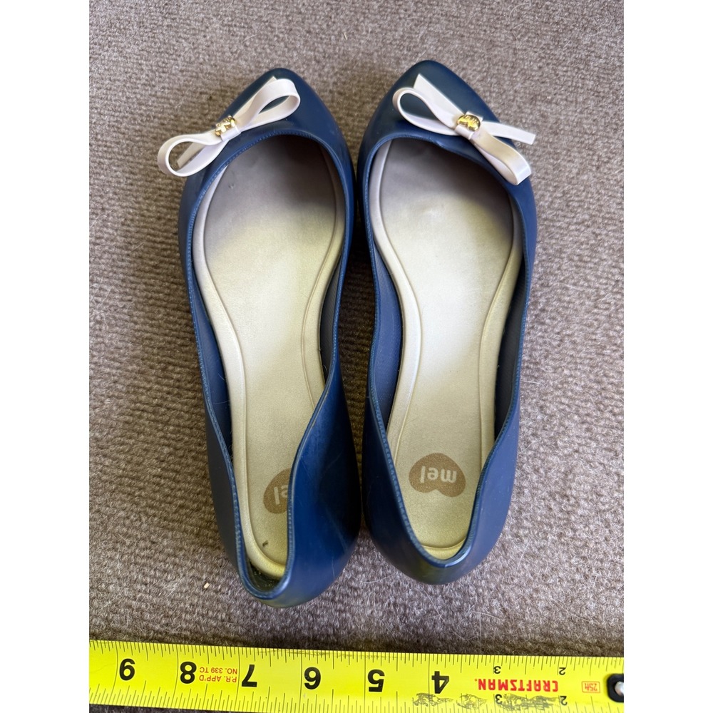 Mel by Melissa Navy Blue Jelly Flats Pointed Toe Bow Shoes Gold Heart Size 7.5